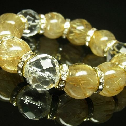 極上１６ミリ　６４面カット水晶×タイチンルチル数珠ブレスレット　金運招来