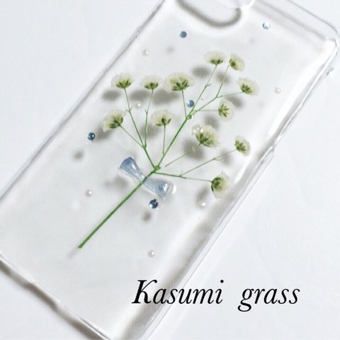 かすみ草のiPhone ケース☆リボン☆ビジュー☆レジン☆押し花☆