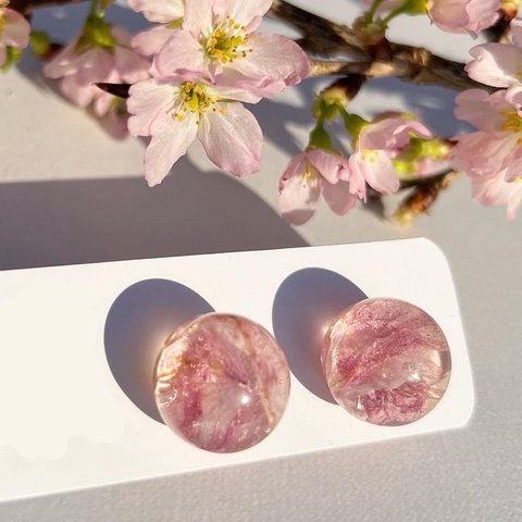 本物の桜 「さくら咲く 耳飾り」 自家製ドライフラワー使用　ピンク×透明 ×葉脈が美しい　金具変更無料(イヤリング、チタンピアス) アレルギー対応 レジン ハンドメイドアクセサリー 