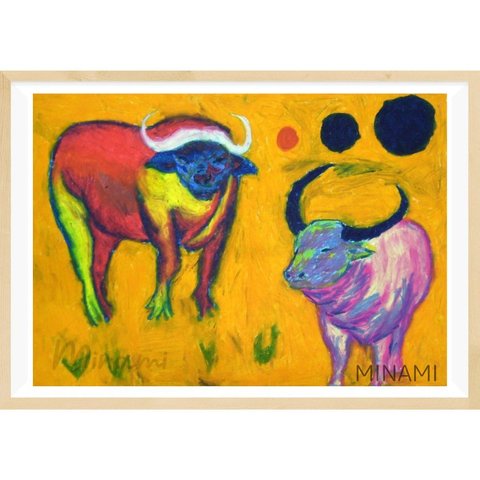 【水牛】オレンジ色の背景と色鮮やかな水牛の姿が、大自然の力強さと精神を描写　芸術　絵画　インテリア　パステル画