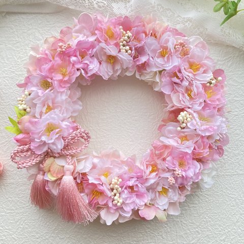 母の日早割 アーティフィシャルフラワー満開の桜ピンクリース さくらアジサイベリー お家でお花見 春のインテリア 母の日ギフト 誕生日プレゼント