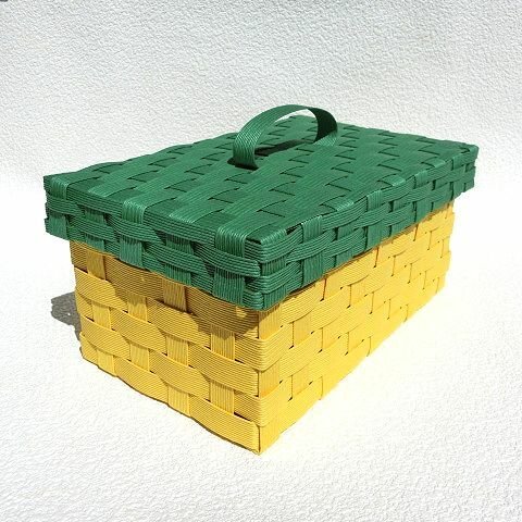 クラフト収納カゴ　蓋付き　マスク箱やペットシーツの収納にも　 　パイナップルをイメージした緑色×黄色