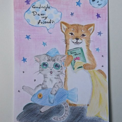 〈訳あり品〉子猫と柴犬 ～Good-night,Dear my friend～【ハガキサイズ原画イラスト】