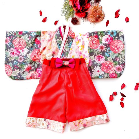 女の子が大好きな花柄ずくしのベビー袴、着物　80サイズ