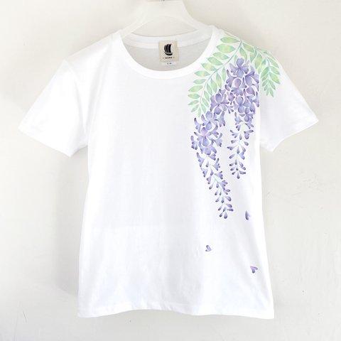 手描き藤の花柄Tシャツ ホワイト　手描きで描いた藤の花柄Tシャツ