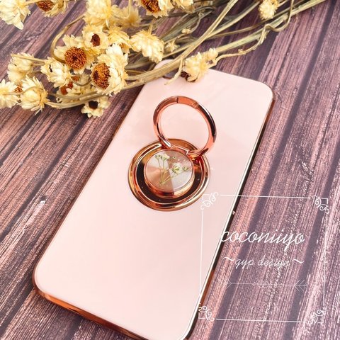 iphoneケース スマホケース リング付き 押し花 くすみ ピンク かすみ草 スマートフォン カスミソウ イニシャル入