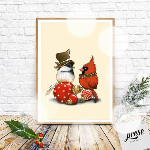 赤い小鳥カーディナルのヒヨコ、クリスマスイラスト