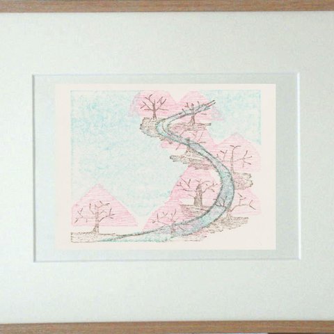 手刷り木版画・桜並木(803)