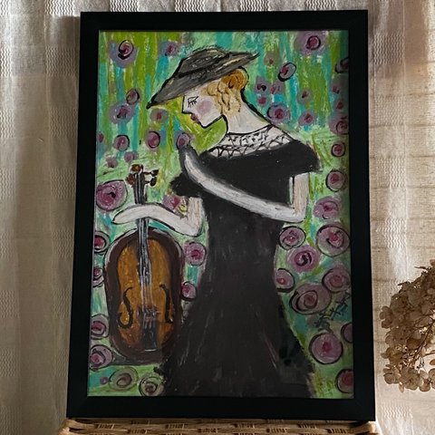絵画 。壁掛け絵【美しいヨーロッパの花園で、バイオリンを弾く美しい少女】