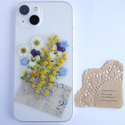 ☆お値下げ☆全機種対応　スマホステッカー　押し花インナーシート☆３点セット　283　～花束シリーズ～　ミモザの花束