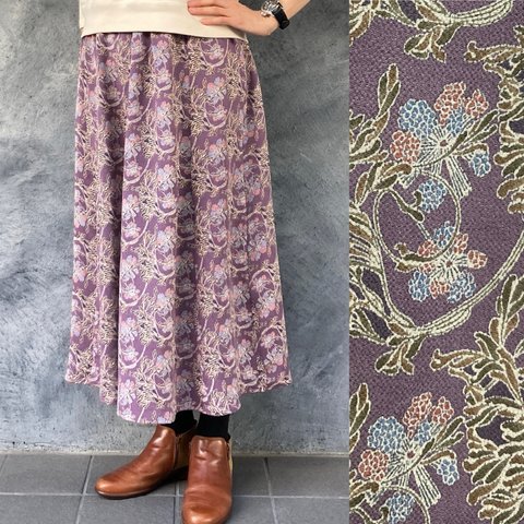 着物リメイク　ベルト付きギャザーロングスカート　long skirt made from Kimono