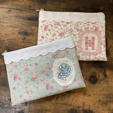 小さな薔薇柄とレースの麻雀刺繍ポーチ(フラット) ￥2000→1600