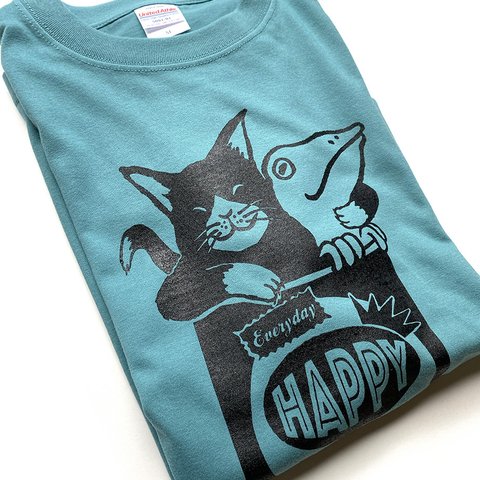 猫とカエルのTシャツ（ヘイジーグリーン）【XL】男女兼用