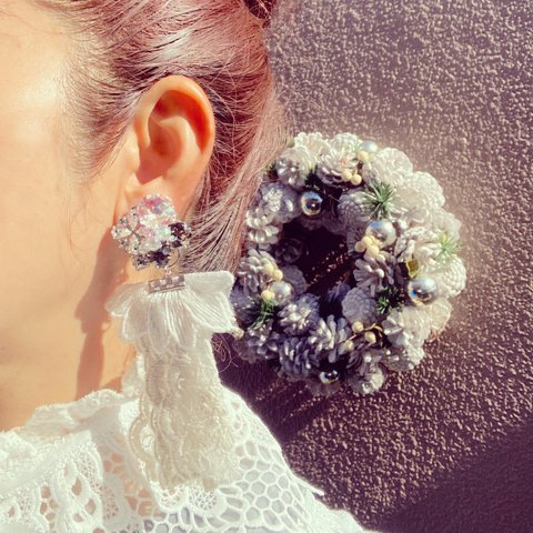 【2way レトロなイヤリング･゜ﾟ･*】レース　お花　ブラック　ウエディング　ブライダル　　結婚式424