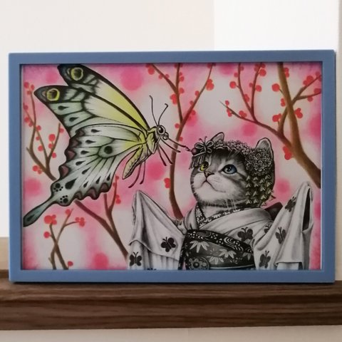 B5 猫と蝶 手描きイラストプリント 絵 
