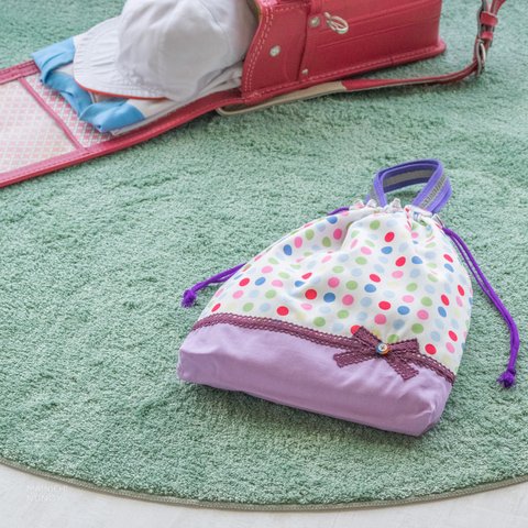 ごきげんドットの体操着袋(着替え袋)：すみれ色　｜サイズ変更対応　｜入園入学準備に