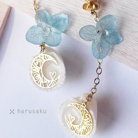 シェルの月☆紫陽花ピアス【貝殻マリンゴールドアクセサリー】【母の日のおくりもの特集】