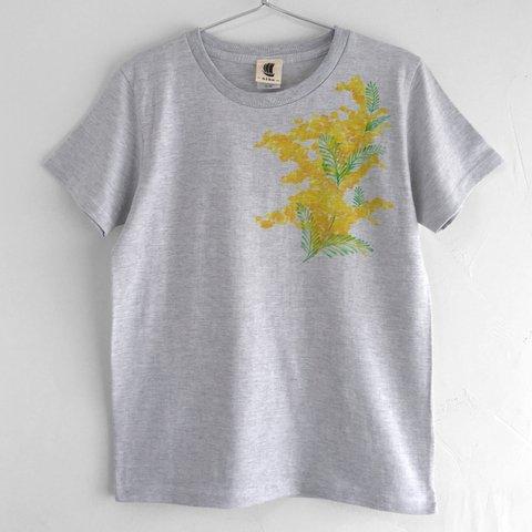 ミモザ柄Tシャツ、ふんわり水彩画のようなミモザの花の手描きTシャツ。