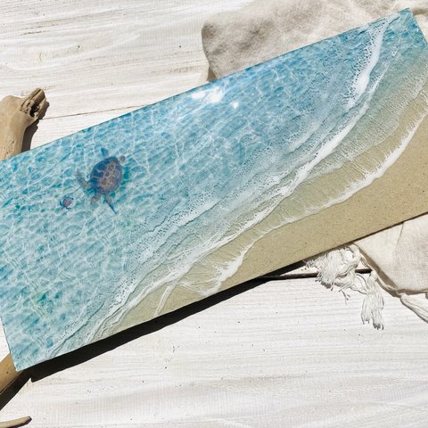 N312「ウミガメと砂浜」★超立体  沖縄の海 レジンアートボード　美ら海　オーシャンアート