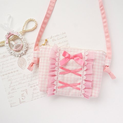 編み上げリボンのポシェット(ピンク)♡レースアップ・フリル♡子ども・ミニショルダーバッグ♡プレゼントに
