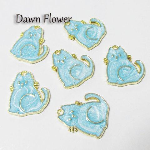 【D-0566】7pcs　ネコ　ラメ入り　21×18mm　ライトブルー　チャーム