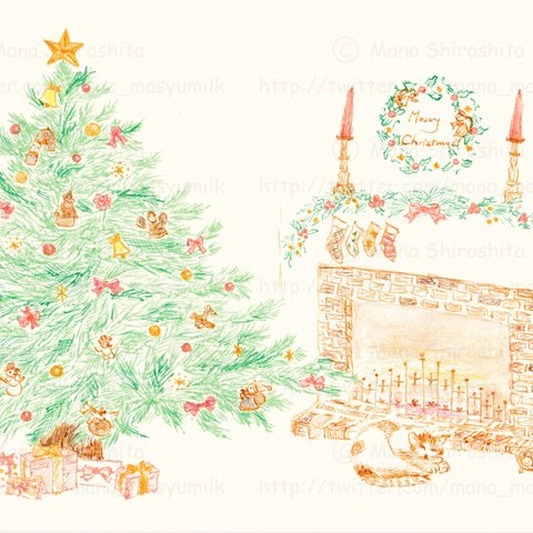クリスマスツリー01猫と暖炉★ペン画ポストカード2枚組 No.12