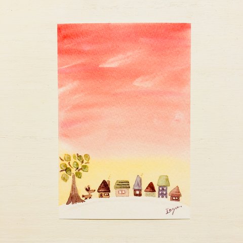 🏠透明水彩画「夕焼けの街並み」 北欧イラストポストカード２枚セット🏠