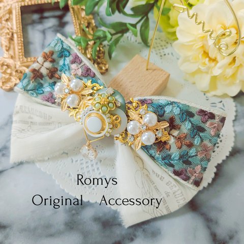 青緑Ver♪花柄インド刺繍とパールのアンティーク風リボン♡へアクリップ　バレッタ