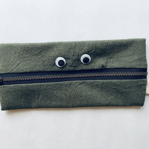 【Pen Case】 カーキx葉っぱ模様ペンケース