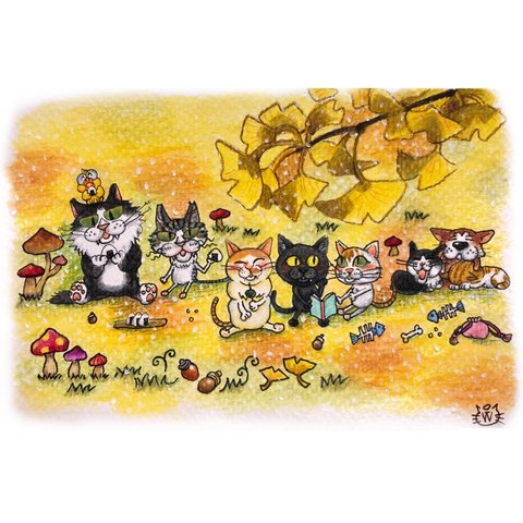 【色鉛筆画】猫と犬🐈🐕ピクニックの秋🍙🍄イラスト原画