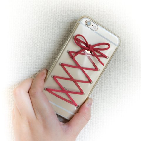 clear lace-up ribbon iPhone case *red pink