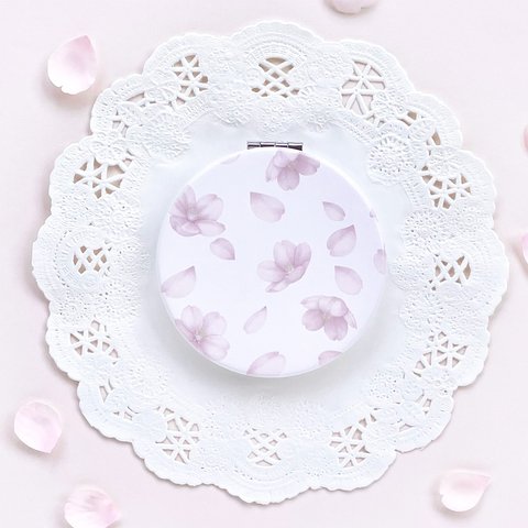 桜柄サクラピンクコンパクトミラー　手鏡 ホワイト 花柄  バイカラー かわいい フラワー ボタニカル さくら