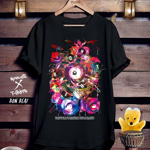 音楽ドラムアート黒Tシャツ「BON BEAT」