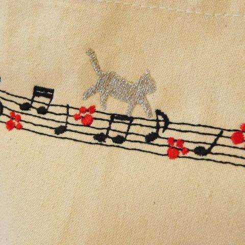 音譜と猫の刺繍入りキャンバストートバッグ　レッスンバッグ