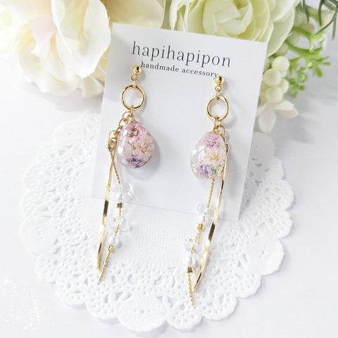 【purple】-花の雫- レジン×メタルスティック イヤリング/ピアス/ノンホールピアス(399)