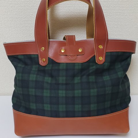 ヌメ革　牛革　チェック綿　レザートートバッグ　ハンドメイド品　ブラウン　日本製　帆布鞄