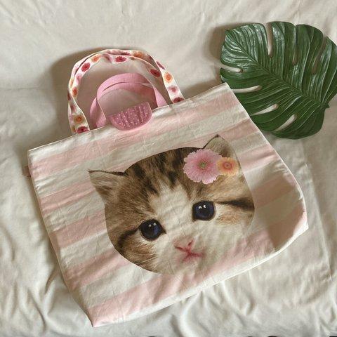 大きい猫ちゃんの大きいバッグP★ベロつきショルダーレッスンバッグ手提げ絵本袋マザーズバッグマチつきキルティング実写ねこ