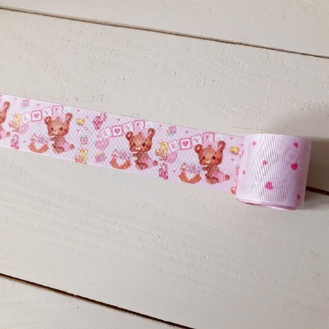 両面リボン幅38mm☆いたずらBABYくま(ピンク) 2ｍ