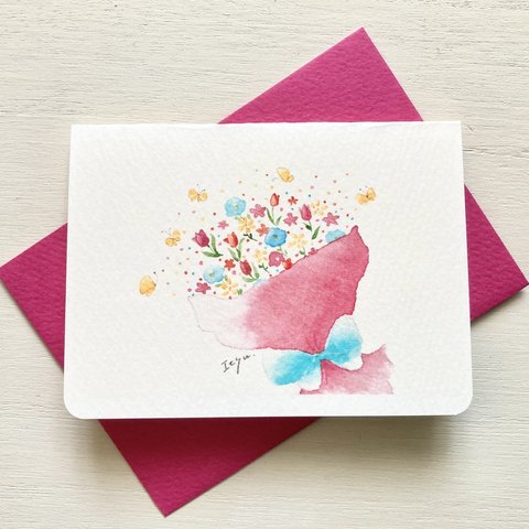 🌸透明水彩画2枚セット 「幸せの花束」イラストミニカード バースデーカード 入園入学　ウェディングカード　お礼状🌸