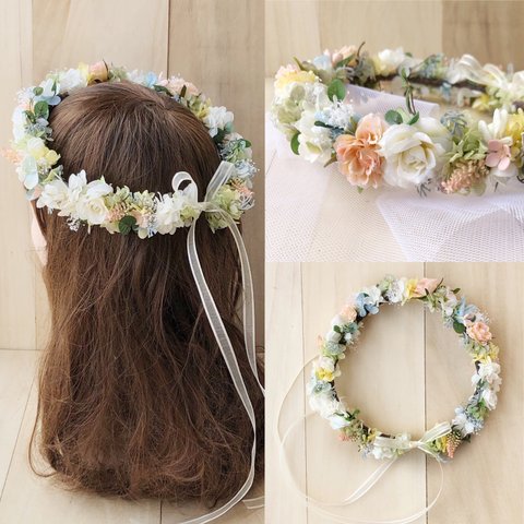 スウィートナチュラル花冠 (大人用）　花嫁　ヘッドドレス　アーティシャルフラワー　ウェディング　海外挙式　ガーデン　ピアノ　発表会　カチューシャ　フラワーガール　リングガール