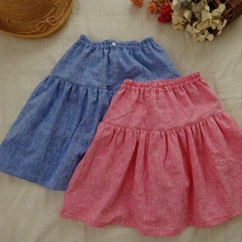 ピンク☆90-140☆シャンブレ－生地のパンツ付スカート