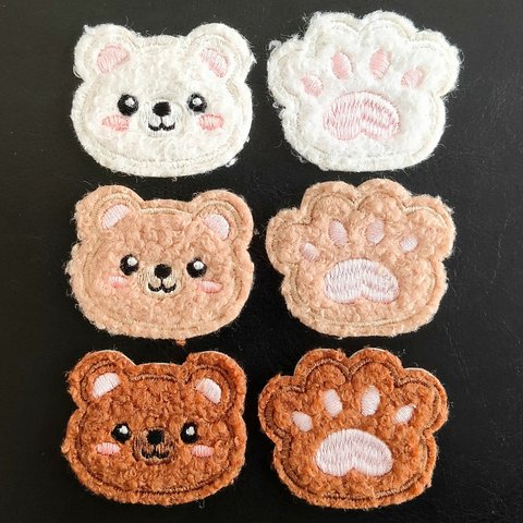 モコモコ 熊 刺繍 シール ワッペン 3色 セット 6枚