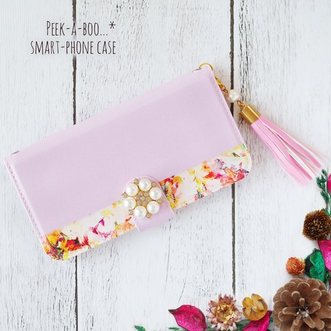 内側プリント&カメラ穴付き✳︎iPhone13 Xperia多機種対応✳︎Rosy Floral❁*.ﾟピンク 手帳型スマホケース /アンティークFlower&タッセル付き