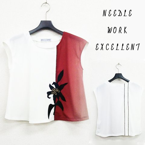 【NEEDLE WORK EXCELLENT】フレンチスリーブＴブラウス　縦　生成×グラデーション赤×黒 