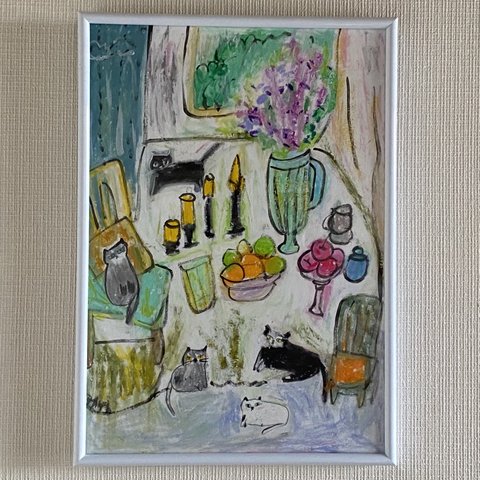 絵画 。手描き【部屋で楽しく遊んでいるかわいい猫たち】