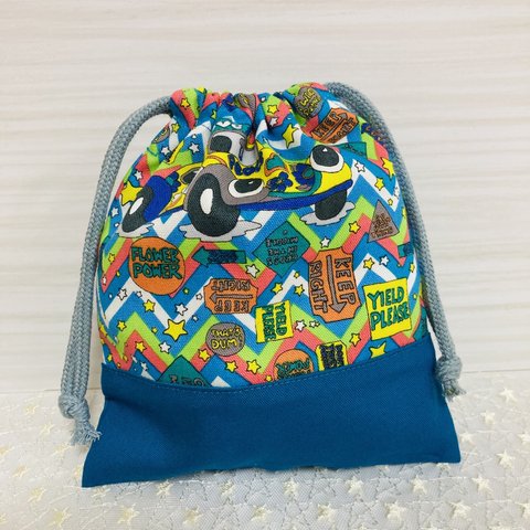 キッズ巾着　給食袋　カラフルポップカー×ブルーグリーン