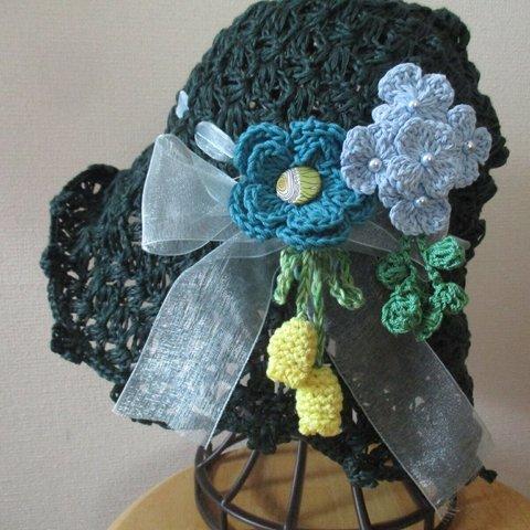 ベルギーリネン・透かし編みの帽子・小花の集まったコサージュ・モスグリーン・9A
