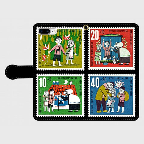 切手モチーフ4コマ（ヘンゼルとグレーテル）iphone　6plus/7plus/8plus　専用　手帳型ケース
