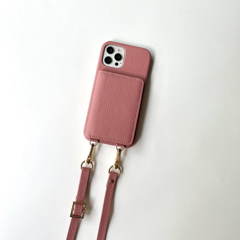 本革 スマホショルダー　ショルダー付き 背面収納カード 名前入れ レザーiphoneケース　ピンク