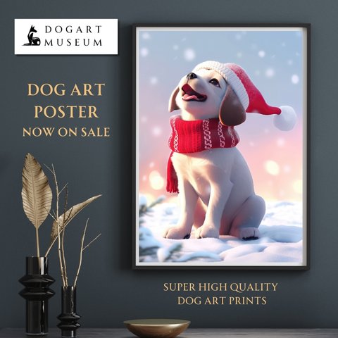 【クリスマスの朝 - ラブラドールレトリバー犬の子犬 No.1】A2アートポスター 犬の絵 犬の絵画 犬のイラスト